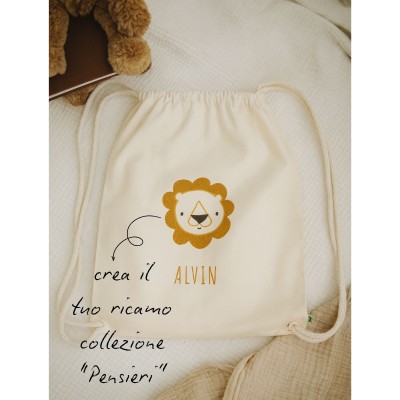 DRAWSTRING BAG IN ORGANIC COTTON FOR KIDS | PENSIERI: ZOO